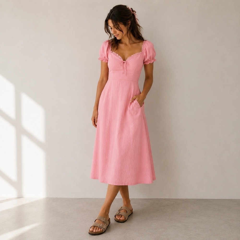 Scoop pink cotton linen midi dress puff sleeve coquette cottagecore XL 16-18